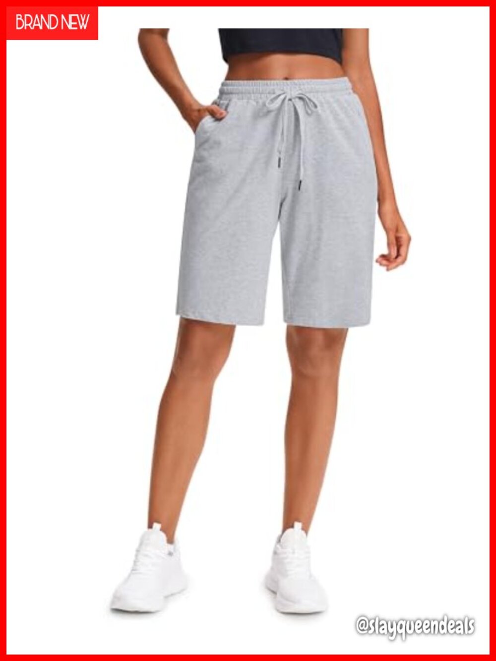 Women's Cotton Bermuda Sweat Shorts 10" Pull-On High Rise Deep Pockets